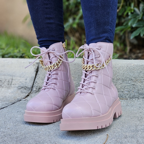 Womens Chunky Block Heel Ankle Combat Boots Pink Color - Picture 4 of 7